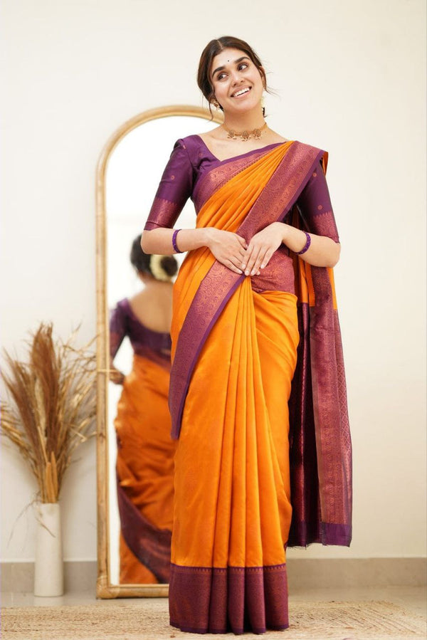 Designer Orange Color Coper Jari Design Soft Silk Saree