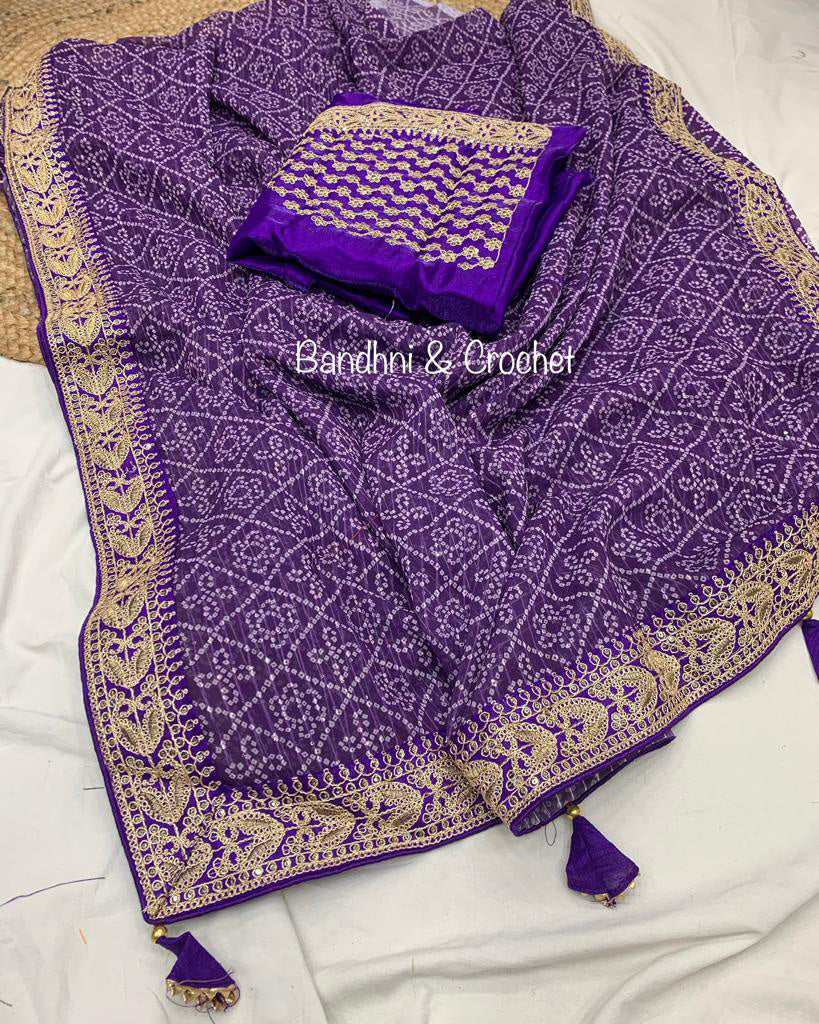 Bandhani Print Purple Color Crochet Work Saree