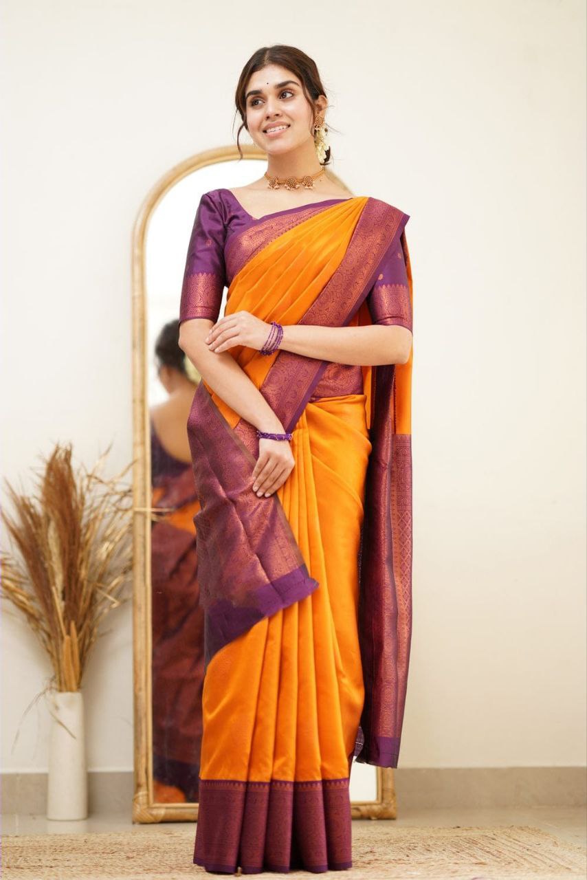 Designer Orange Color Coper Jari Design Soft Silk Saree