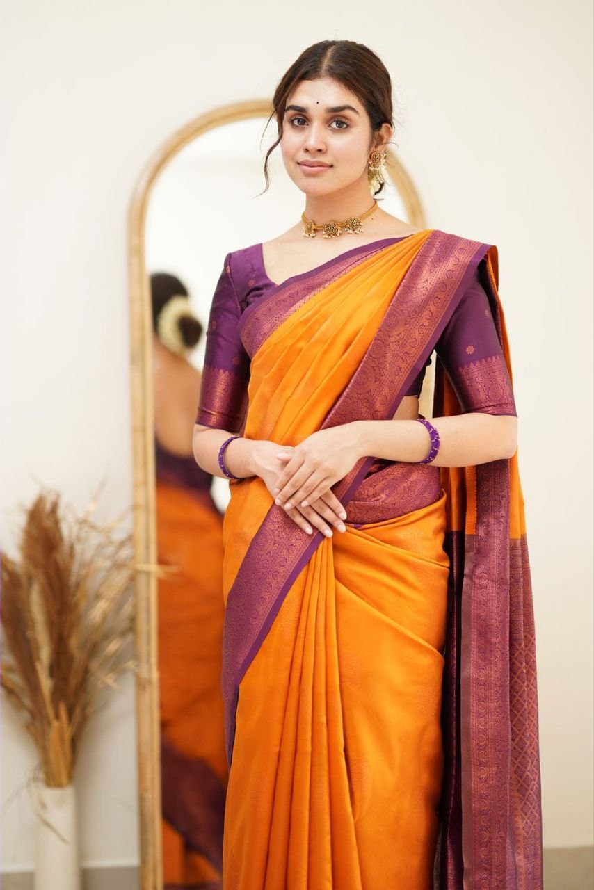 Designer Orange Color Coper Jari Design Soft Silk Saree