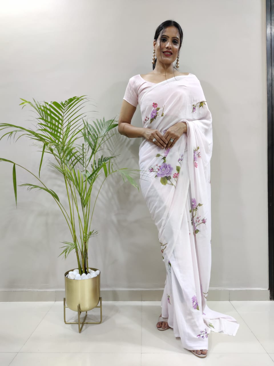 Digital Printed White Color Handwork Saree