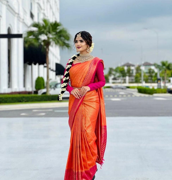 Adorable Pink With Orange Color Soft Lichi Silk Party Wear Saree