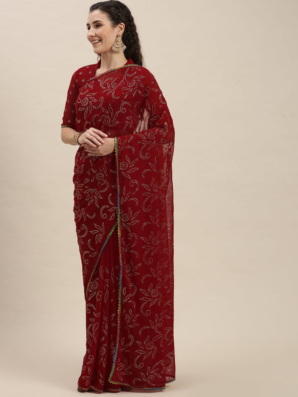 Charming Red Beads and Stones Embroidered  Saree