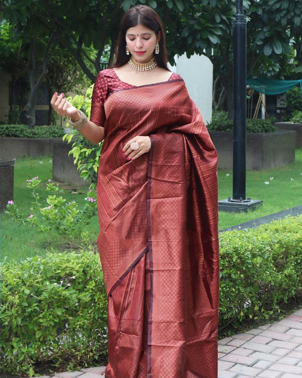 Good Looking Maroon Color Coper Jari Design Soft Silk Saree