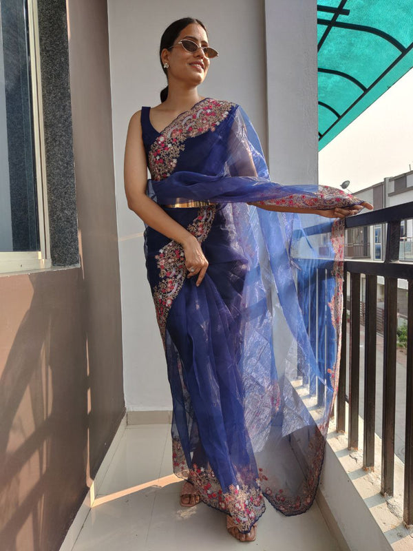 Blue Color Multi Thread Work Ready To Wear Organza Saree