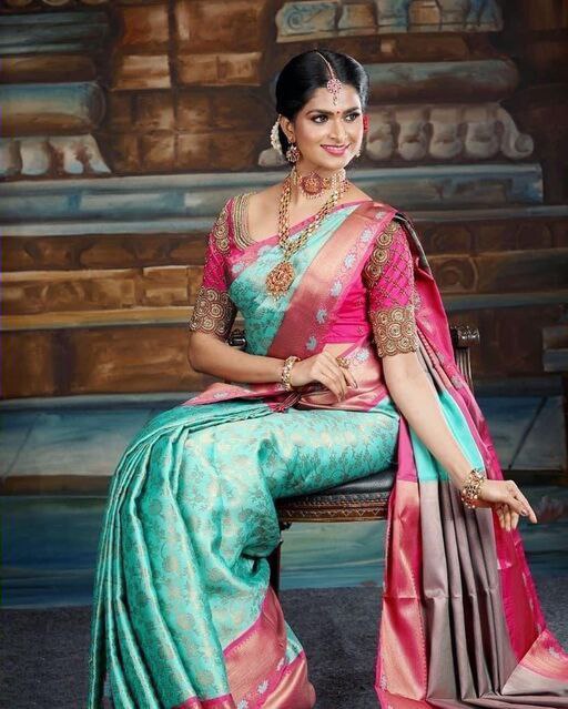 Designer Sky Blue With Pink Color Soft Lichi Silk Saree