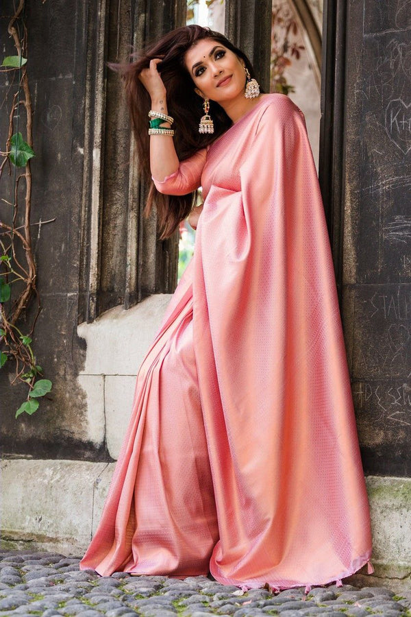 Stunning Peach Color Golden Jari Design Soft Lichi Silk Saree