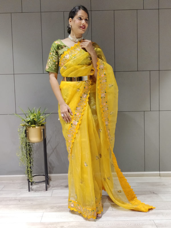 Yellow Color Coding & Sequins Work Ready To Wear Organza Saree