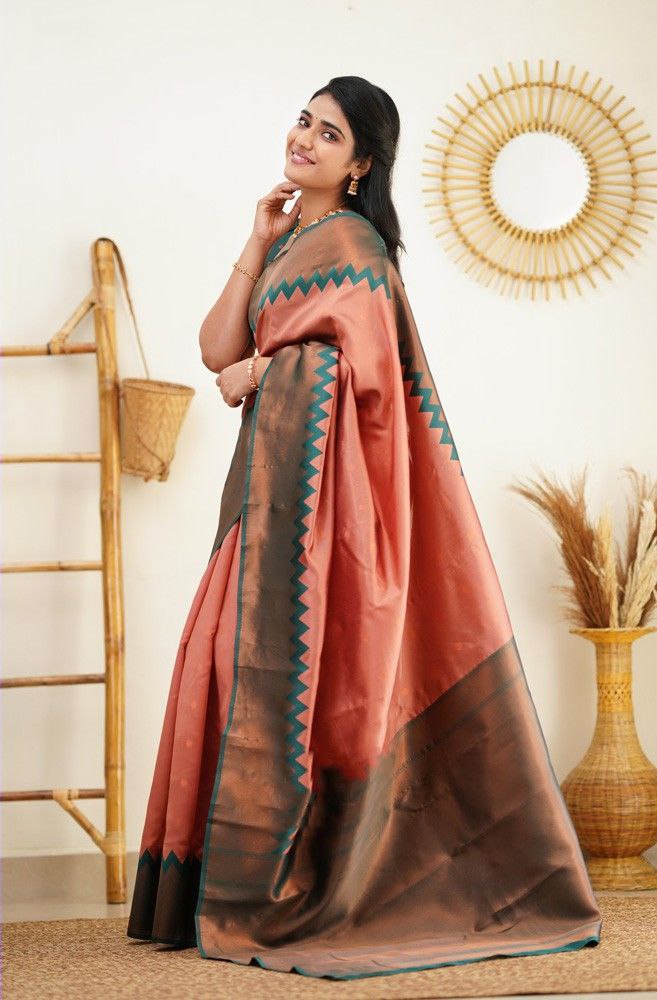 Peach Color Coper Jari Design Jacquard Border Silk Saree