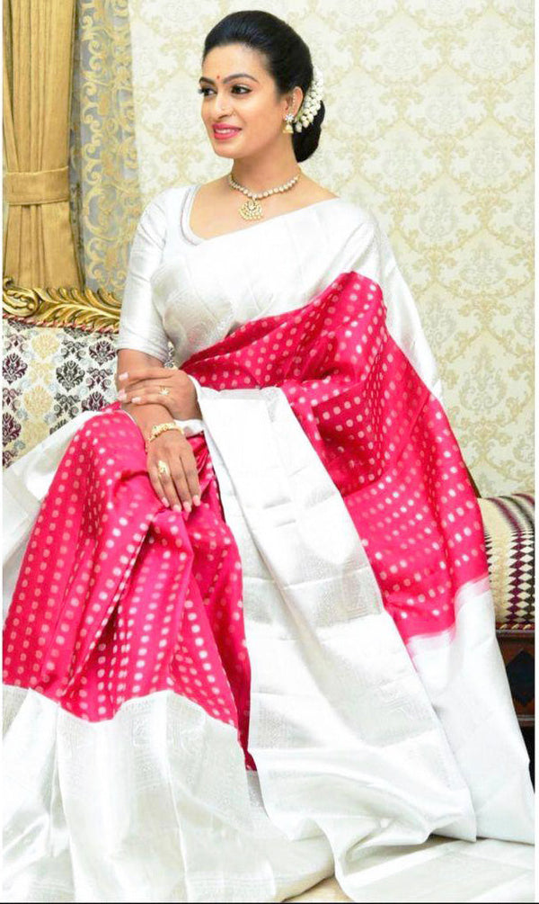 Pink And White Color Silver Jari Design Silk Saree
