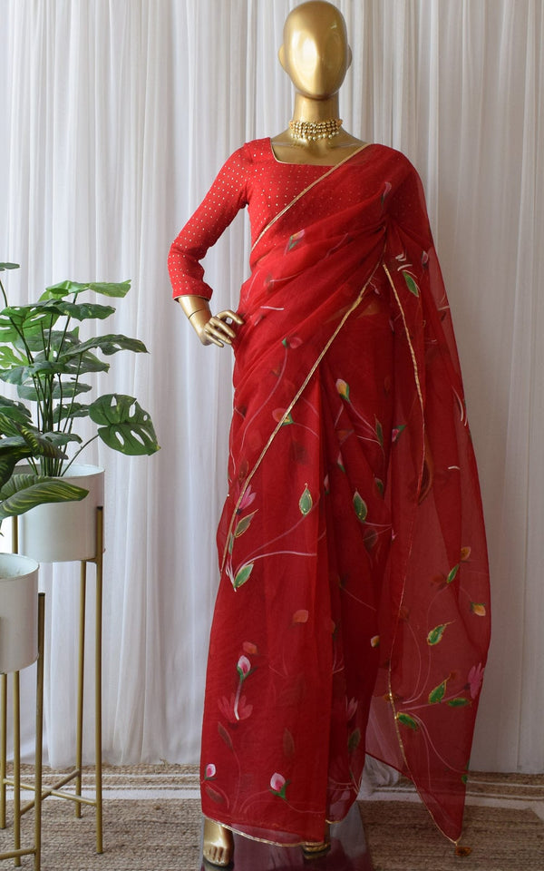 Digital Printed Red color Heavy Handwork Organza Saree