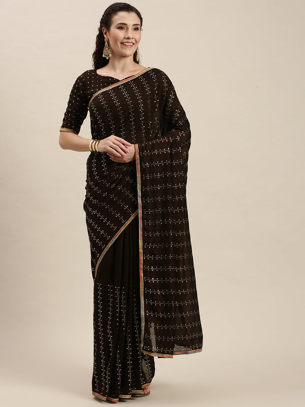 Gorgeous Brown Beads and Stones Work Saree