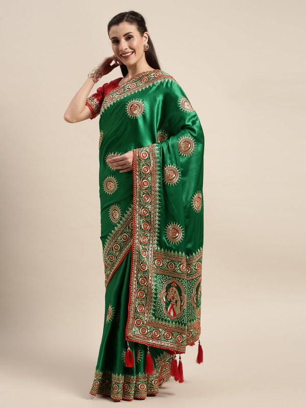 Stunning Dark Green Color Embroidered Saree