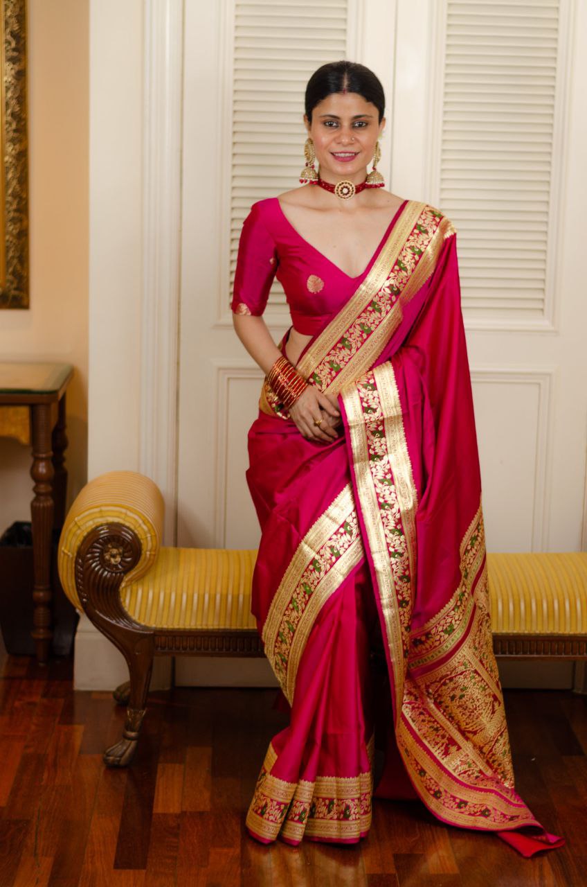 Dark Pink Jacquard Border Silk Saree