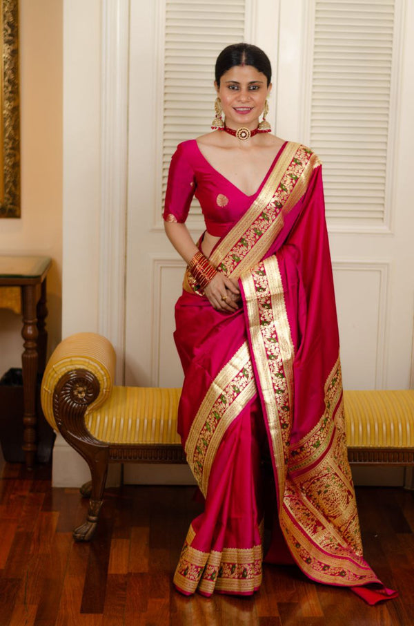 Dark Pink Jacquard Border Silk Saree