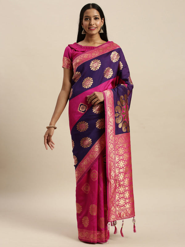 Glossy Pink And Purple Color Banarasi Silk Saree