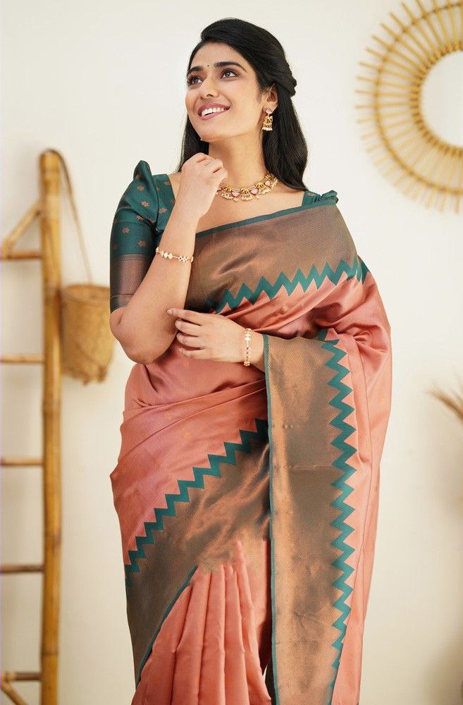 Peach Color Coper Jari Design Jacquard Border Silk Saree