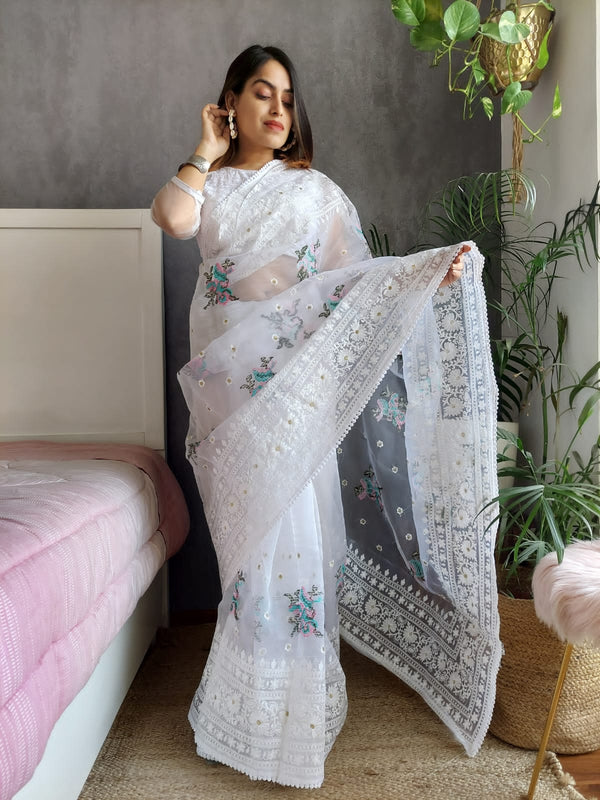 Beautiful Floral Embroidery Work White Color Organza Silk Saree