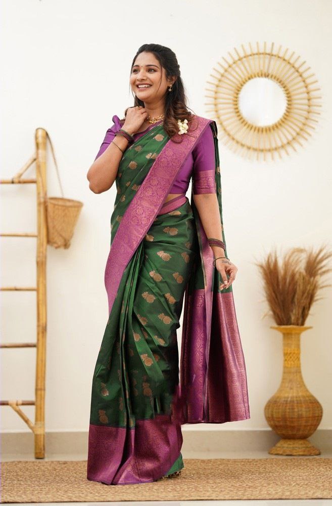 Stylish Green Color Coper Jari Work Silk Saree