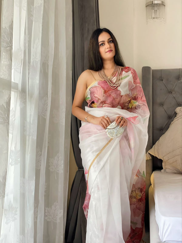 White Color Handprints Design Organza Silk Saree