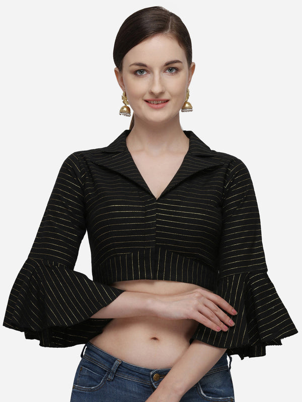 Bell Sleeve Black Color Printed Phantom Silk Blouse