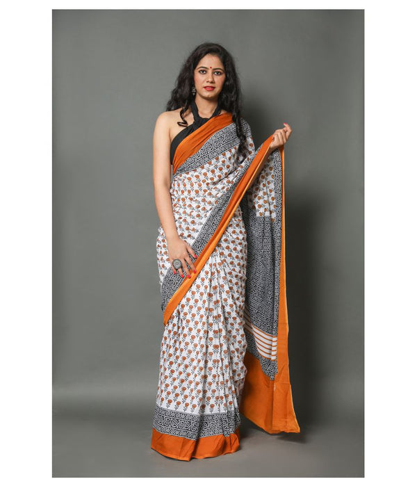 White With Orange Color Digital Printed Mulmul Cotton Saree