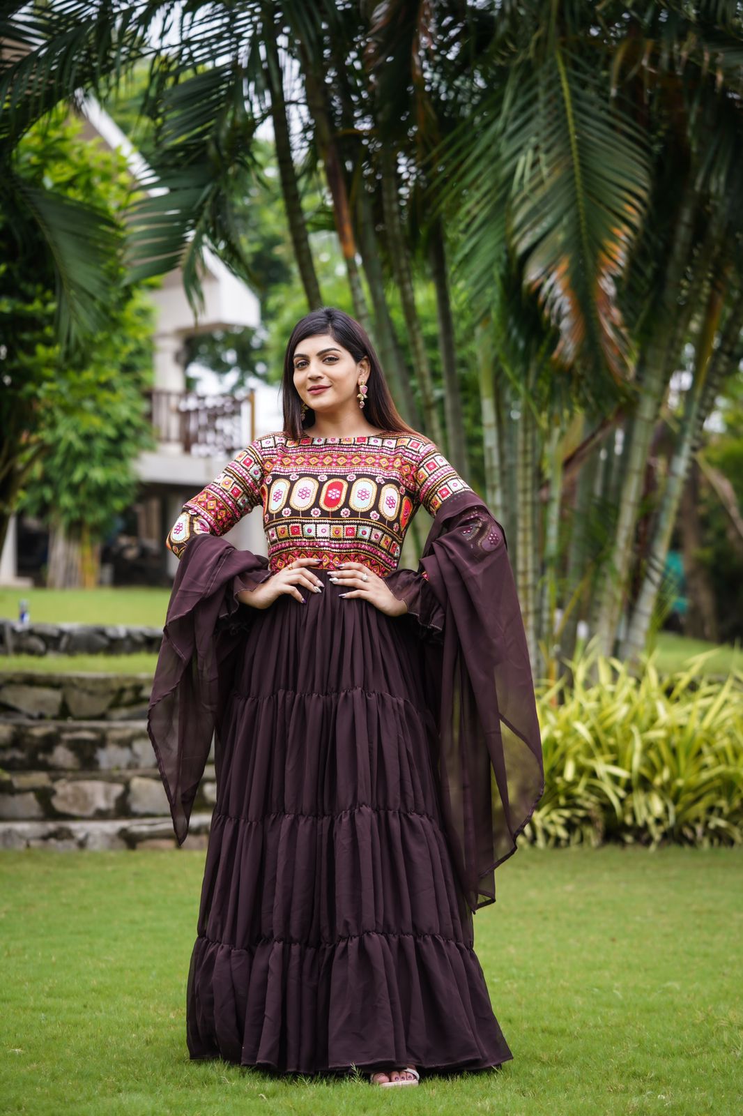 Ruffle Style Brown Color Sequence Thread Work Mother Daughter Gown