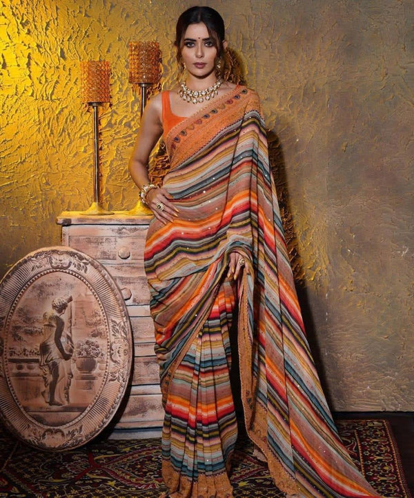 Digital Printed Multi Color Crosek Sequence Saree