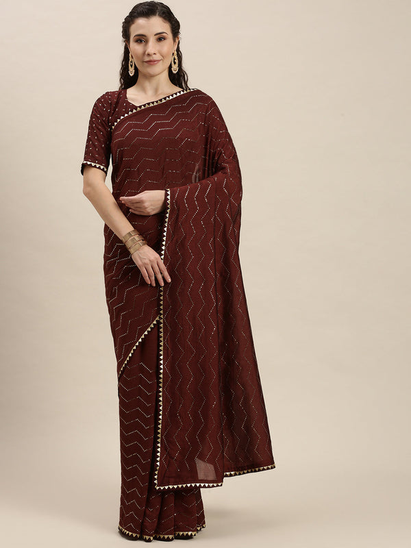 Luxuriant Maroon Golden Stones Work Art Silk Saree