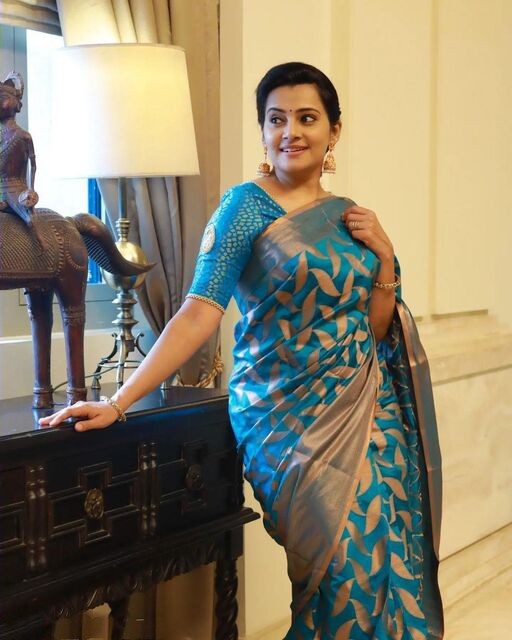 Designer Teal Blue Color Coper Jari Design Silk Saree