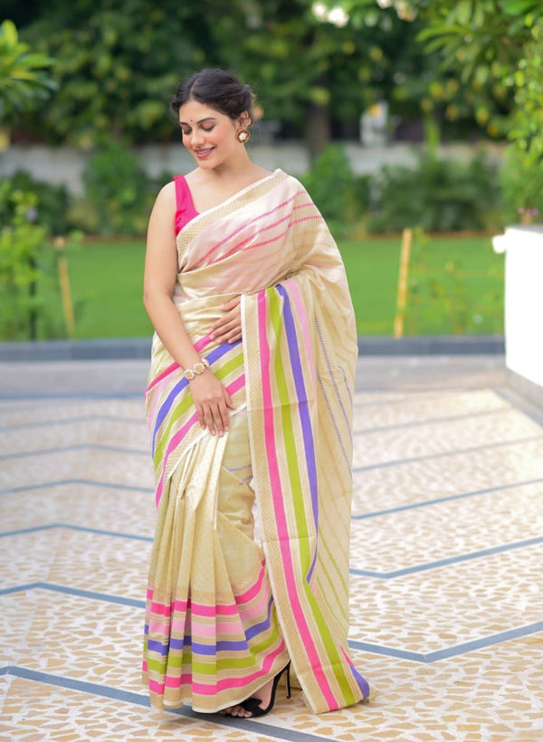 Trendy Off White On Multi-color Striped Saree
