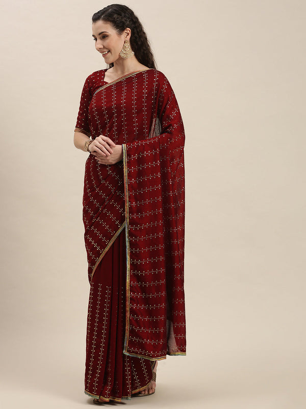 Elegant Red Color Beads and Stones Work Saree
