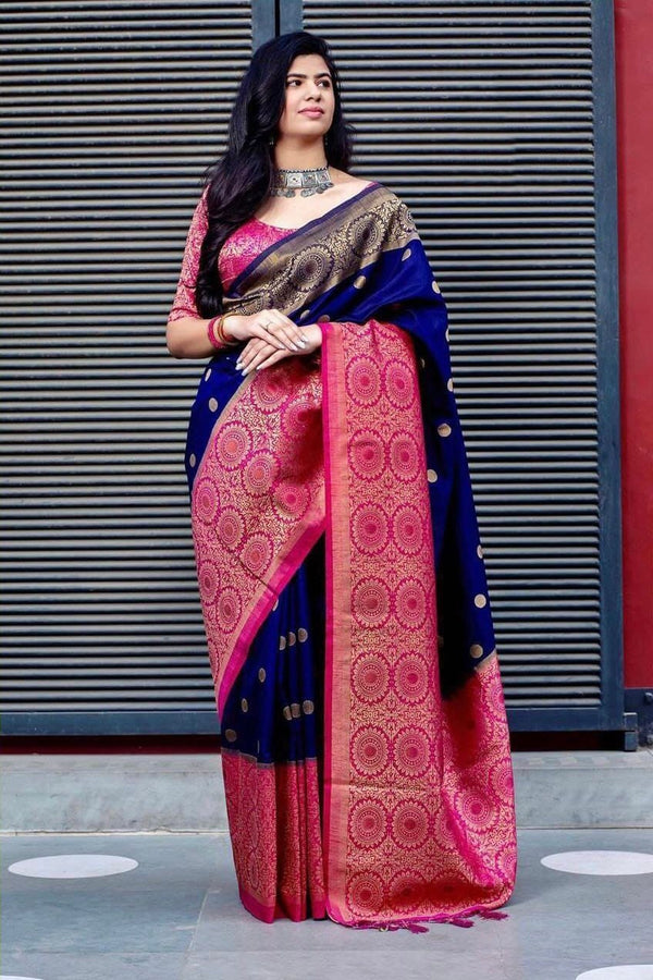 Stylish Navy Blue With Pink Color Golden Jari Design Silk Saree