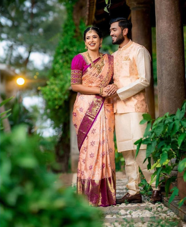 Peach Color Golden Jari Soft Lichi Silk Designer Saree