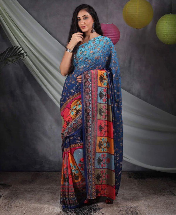 Stylish Multi Color Sequence Crochet Work Saree