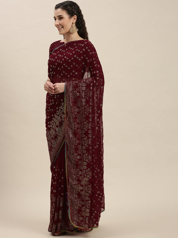 Maroon Color Silver-Toned Embroidered Saree