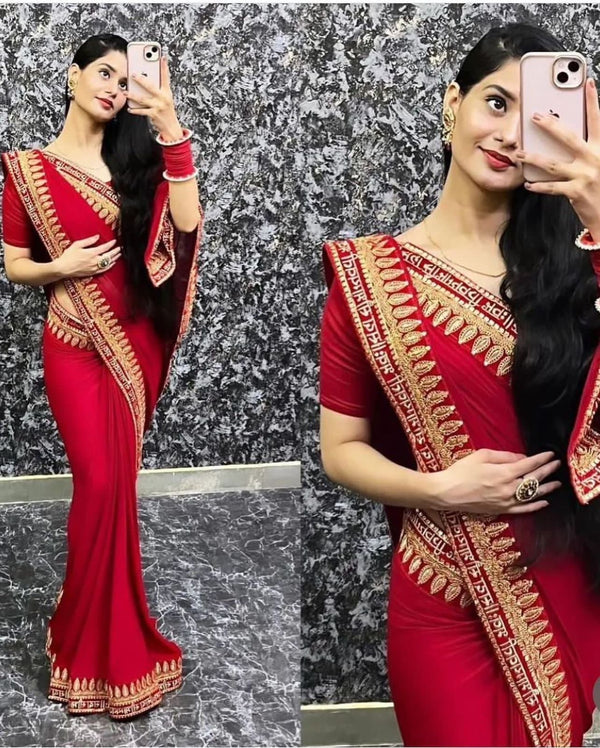 Red Color Sequin Work Border Georgette Saree