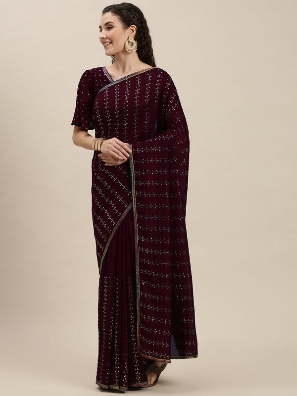 Stunning Purple Color Beads and Stones Work Saree
