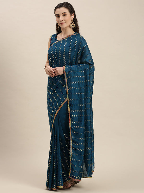 Exclusive Teal Blue Beads and Stones Work Saree