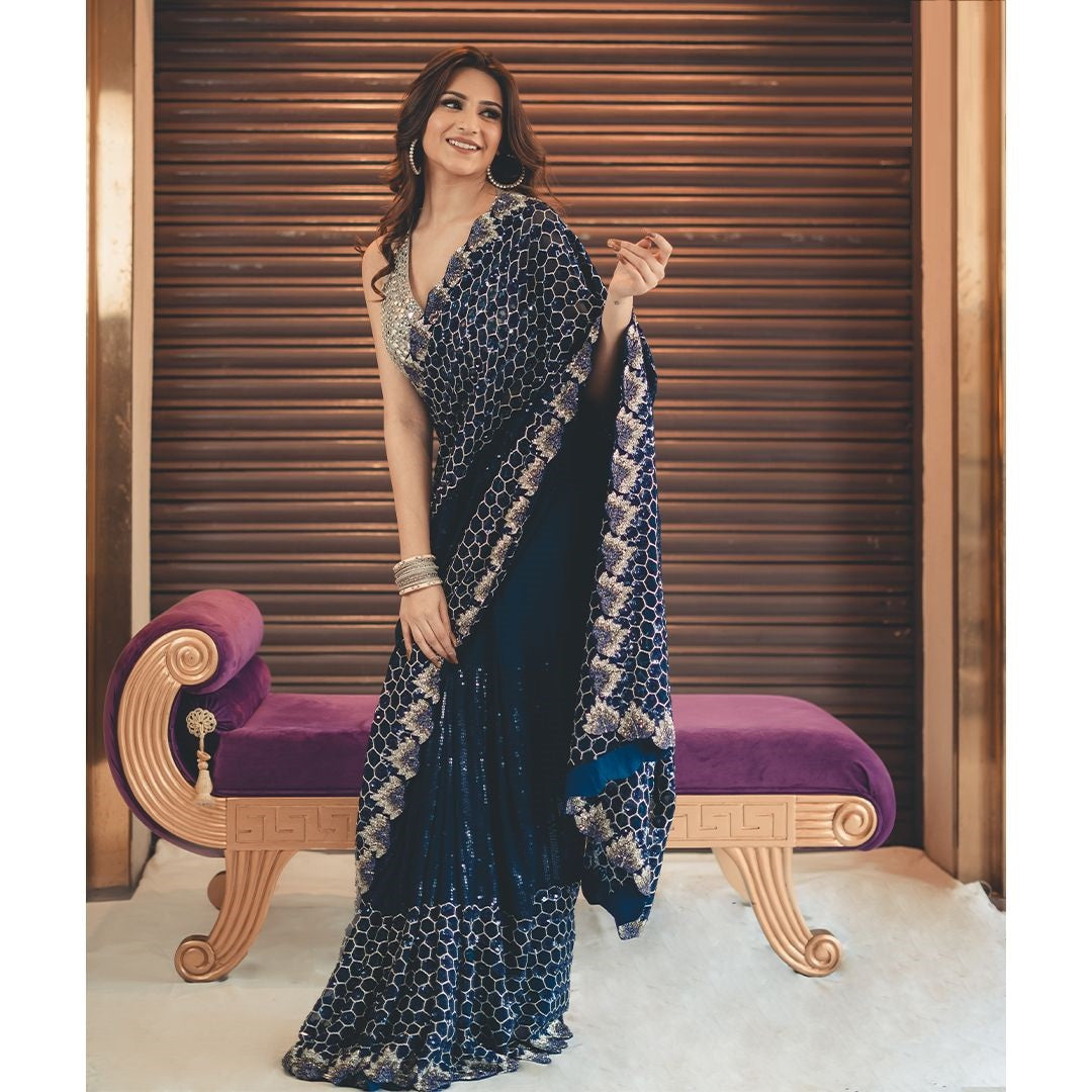 Awesome Navy Blue Color Sequin Zari Work Saree