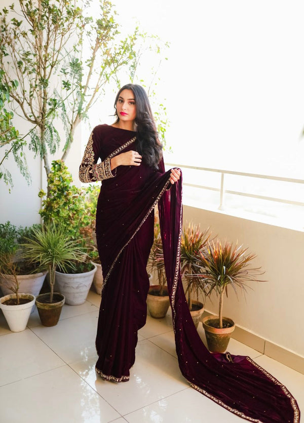 Wine Color Moti With Lace Work Velvet Saree