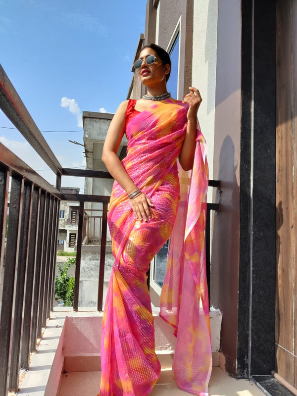 Shibori Print Pink Color Sequins Work Ready To Wear Saree