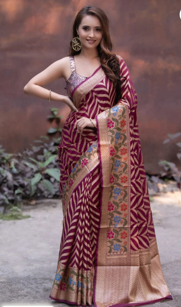 Leheriya Pattern Wine Color Banarasi Silk Saree