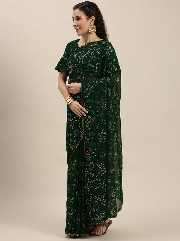 Fancy Green Color Beads and Stones Embroidered Saree