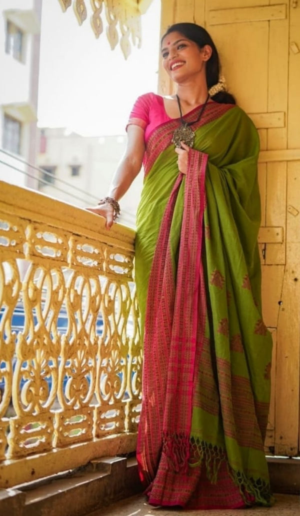 Stylish Green And Pink Color Cotton Silk Saree