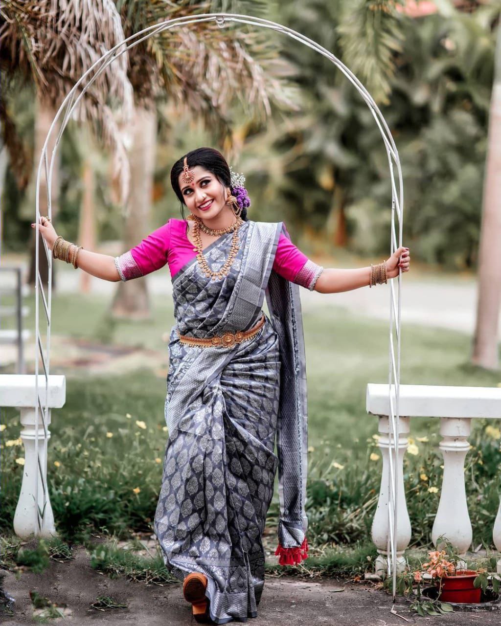 Flattering  Grey Color Silver Work Saree