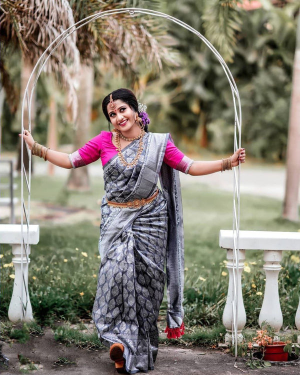 Flattering  Grey Color Silver Work Saree