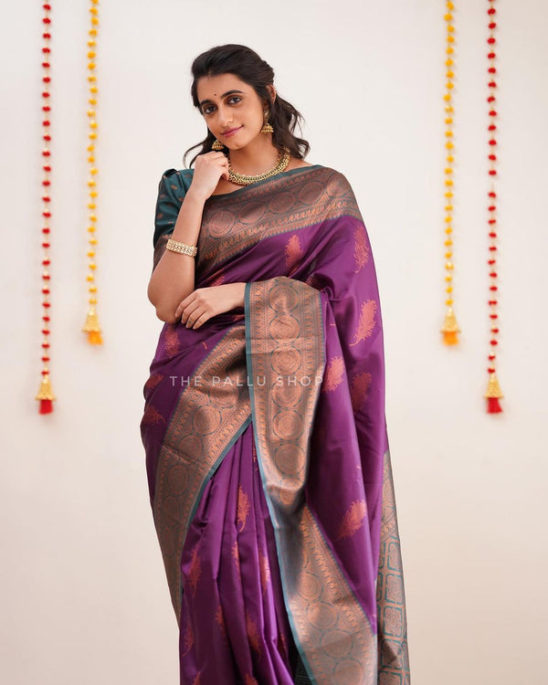 Beautiful Designer Purple Color Coper Jari Design Soft Silk Saree