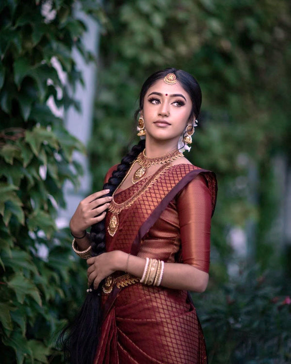 Traditional Look Maroon Color Coper Jari Design Silk Saree