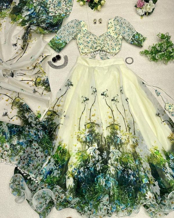 Designer Floral Print Light Green Color Organza Silk Lehenga Choli